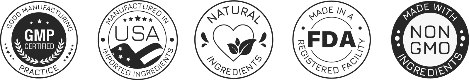 GMP-certified practice, made in the USA with imported ingredients, natural ingredients, FDA-registered facility, non-GMO ingredients